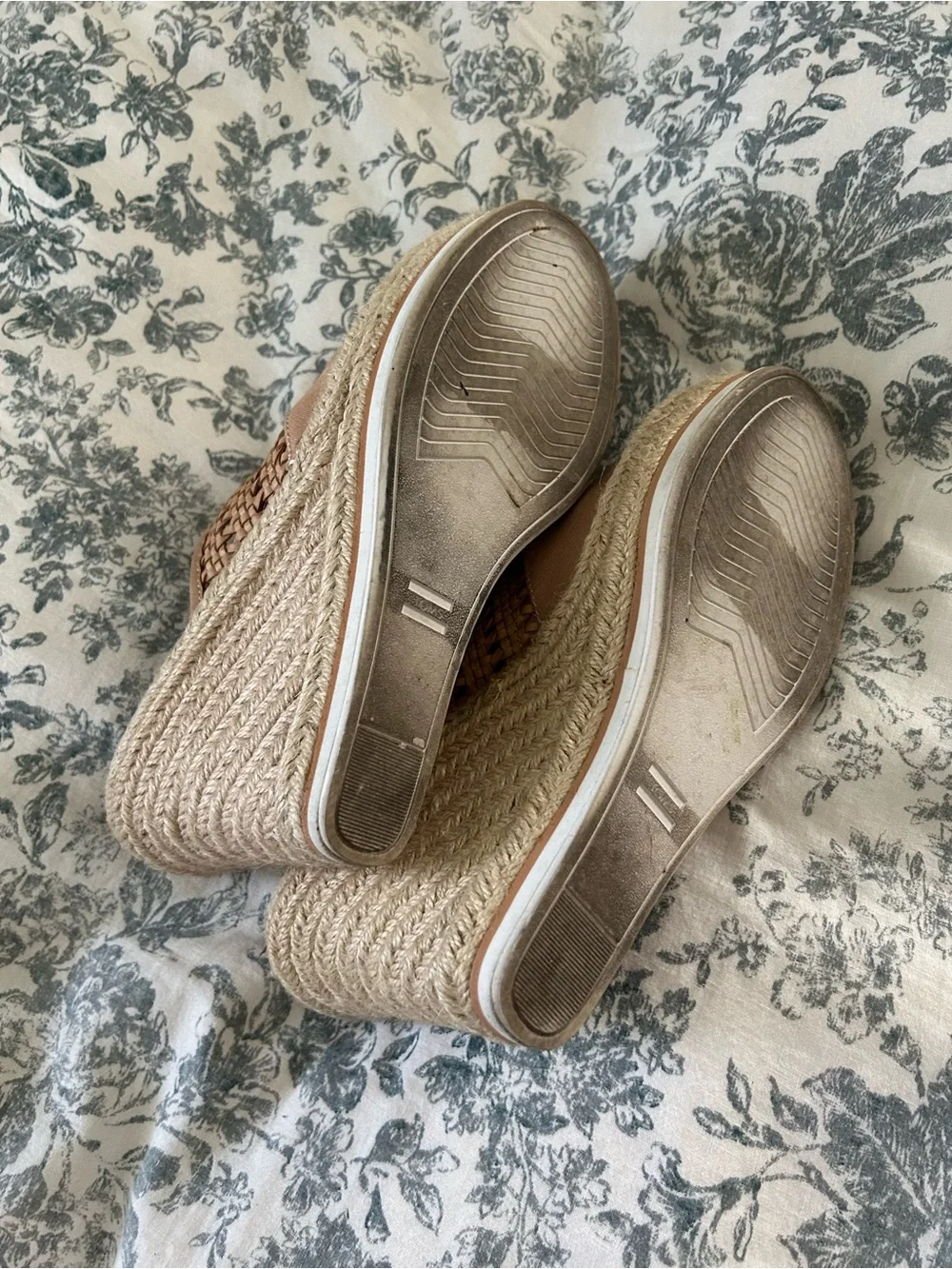 Toms Tan Woven Espadrille Wedge Slides